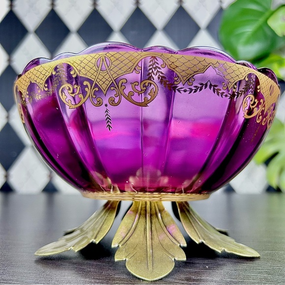 Martha Willard Purple Glass Compote Gilt Brass Base 7